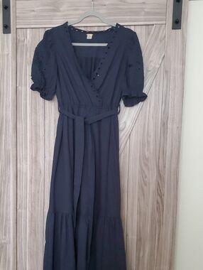 Magaschoni Navy Wrap Maxi Dress with Puff Sleeves